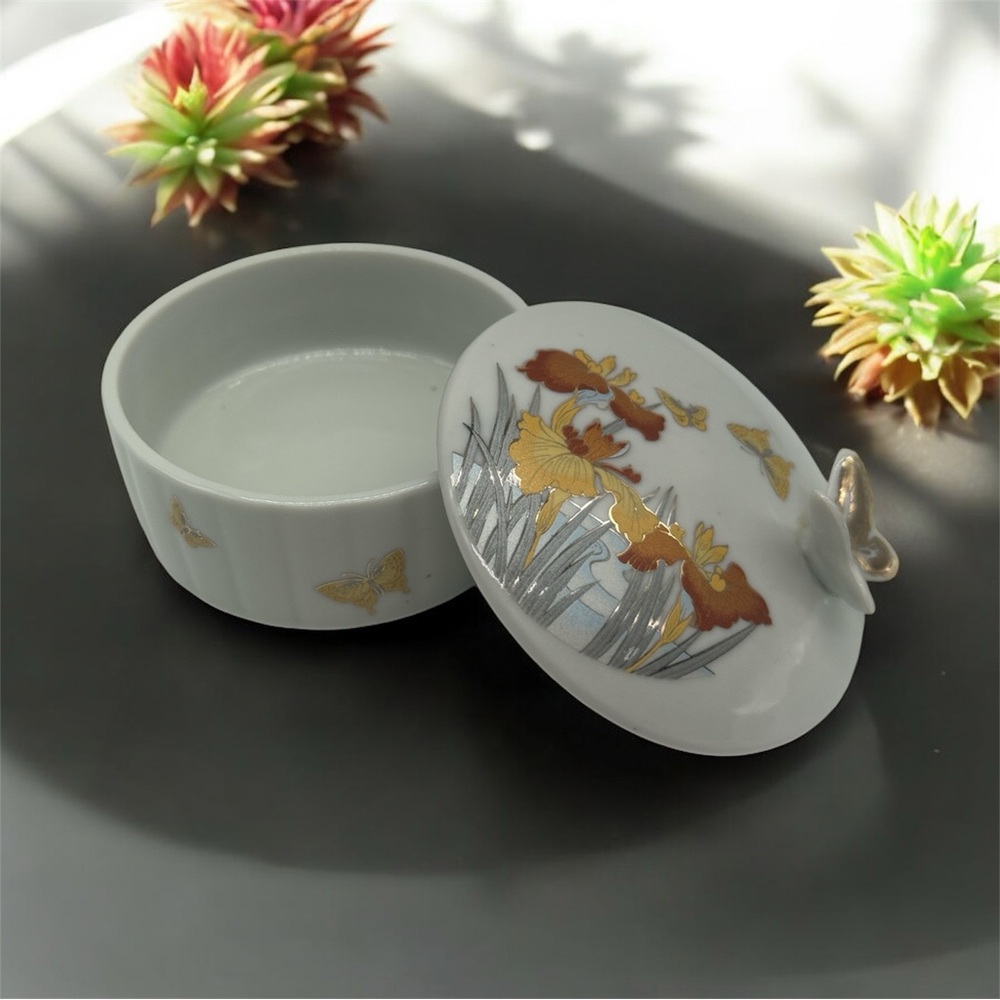Vintage Porcelain Trinket Box w/Lid, Butterflies & Orchids, Gold, Made in Japan